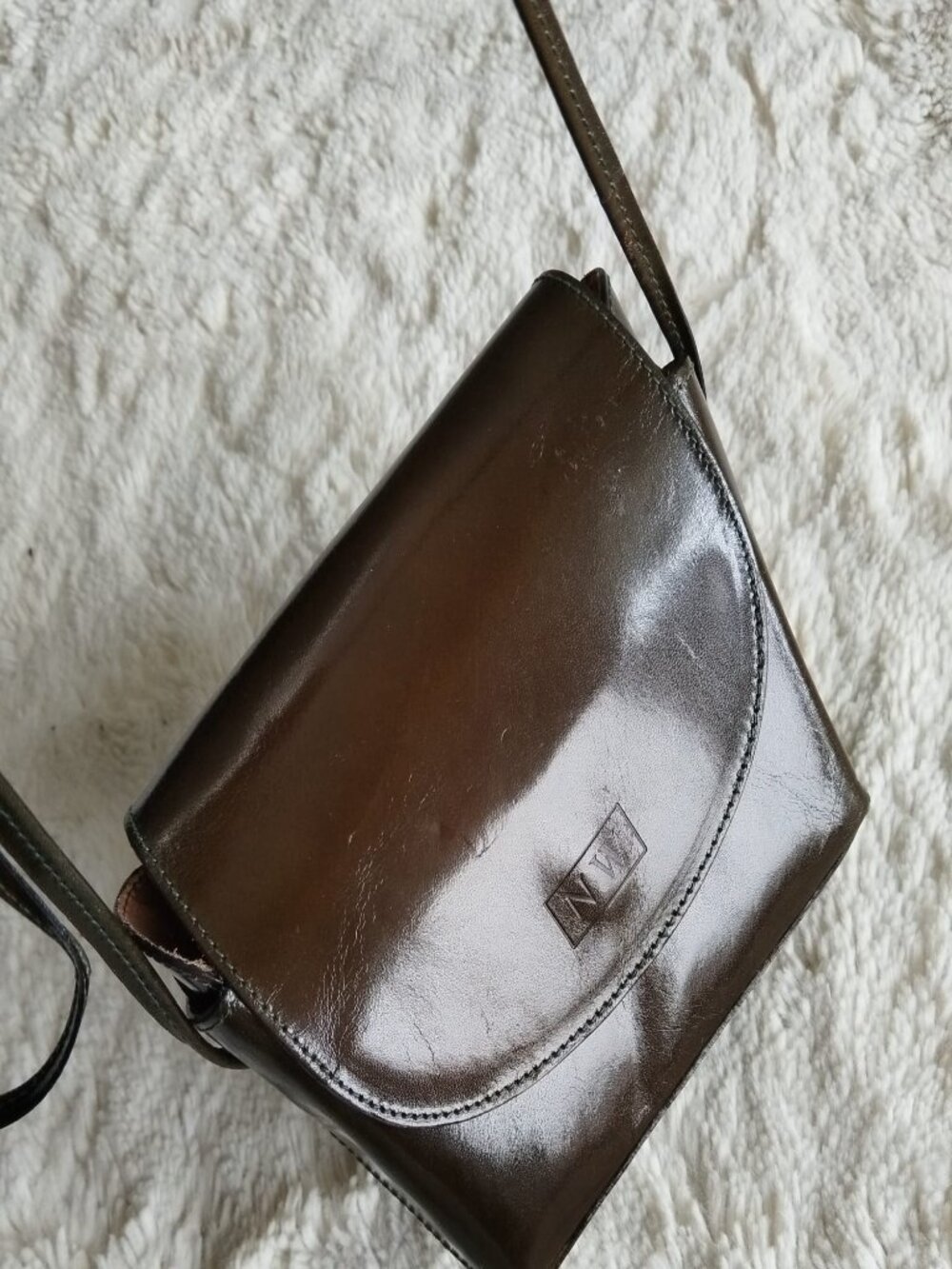 VINTAGE Nine West Made in Italy Genuine Leather Crossbody Bag Flap Olive Brown